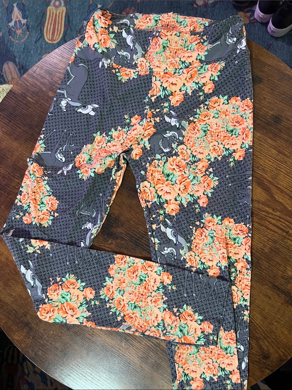 Disney Bambi and Mom LuLaRoe Gray Leggings with Orange Floral Print